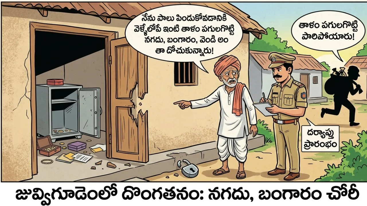 ఇంటి తాళం పగులగొట్టి నగదు, బంగారం, వెండి చోరీ